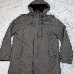 Xios New York Jacket Mens XL Black Wool Blend Removable Hood Pockets Zip Up Warm